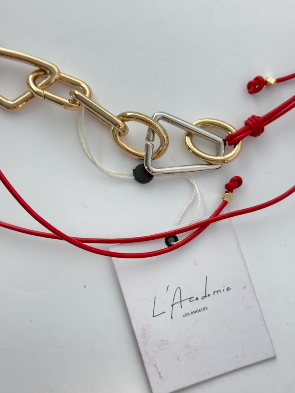 L'Academie Belt Zoriah Red Leather Gold Silver Link Accent Slide Adjustable